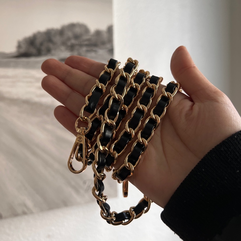 Black Leather Gold Tone Chain Replacement Strap